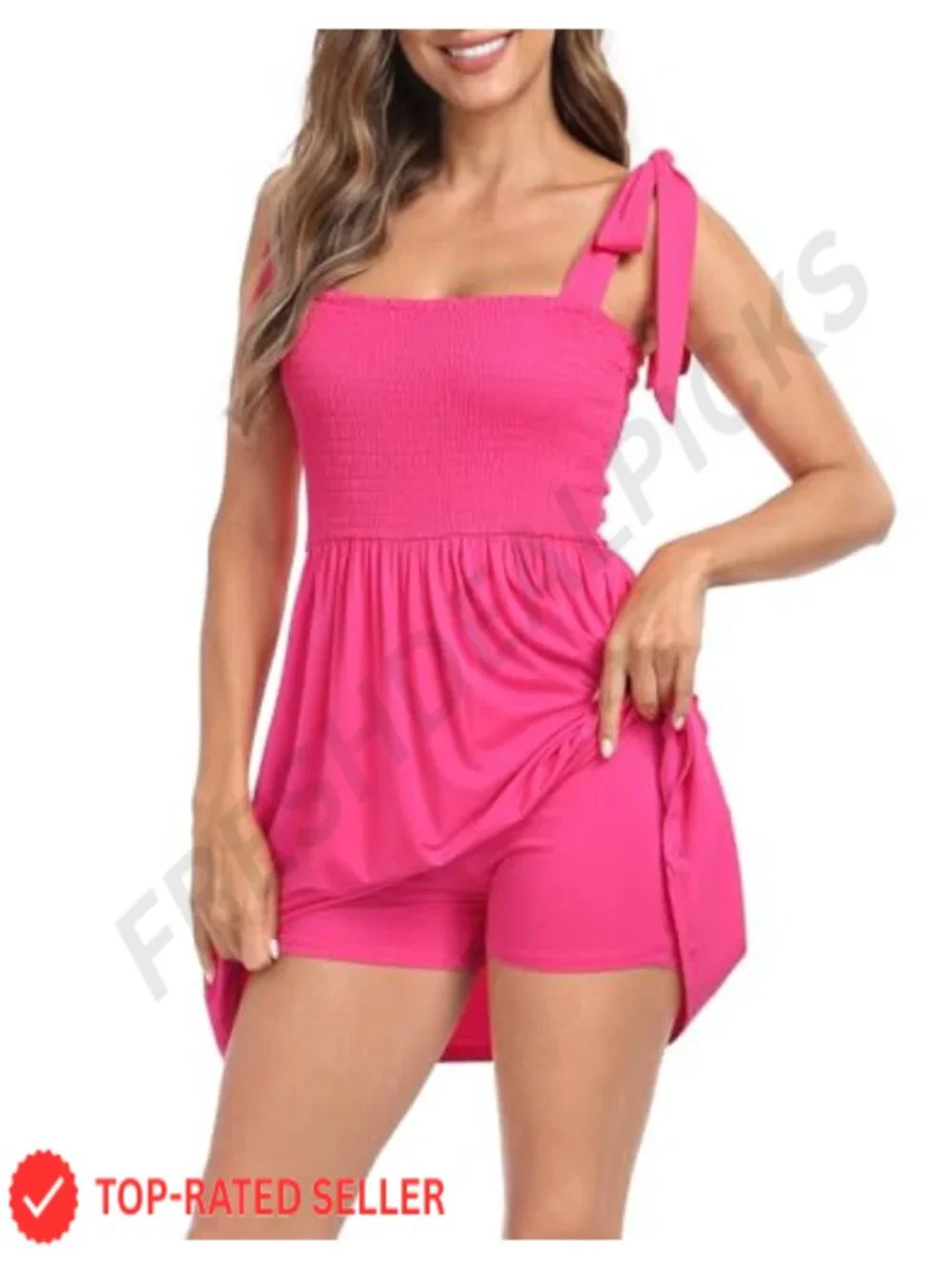 Smocked Romper Dress with Built-in Shorts, Adjustable Straps, Rayon Blend